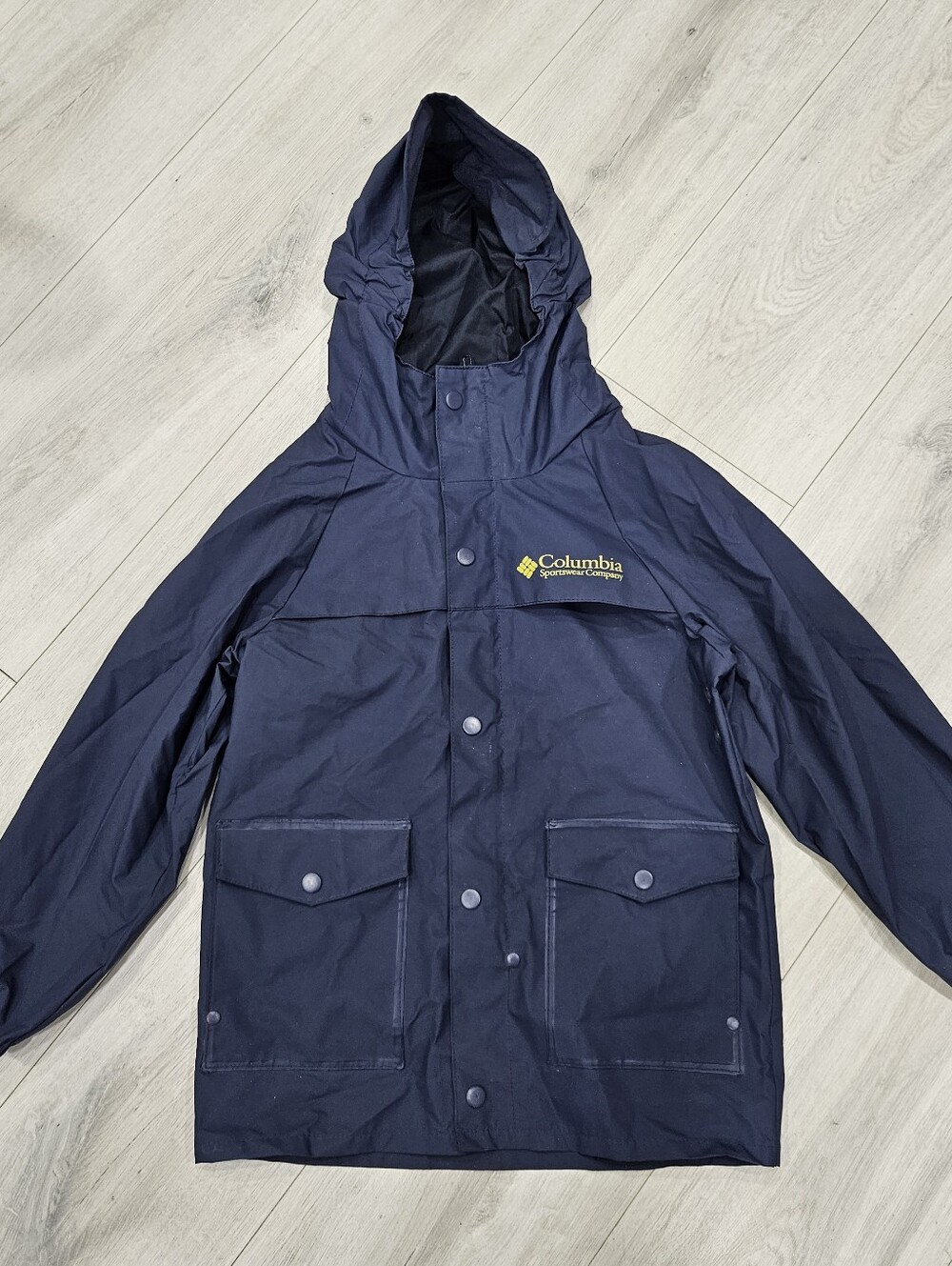VTG Columbia Kids Raincoat  Rain Jacket Hooded Coat Thick PVC Sz S Navy Blue